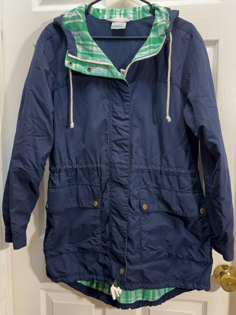 Columbia Navy Blue Hooded Anorak with Green Plaid Lining